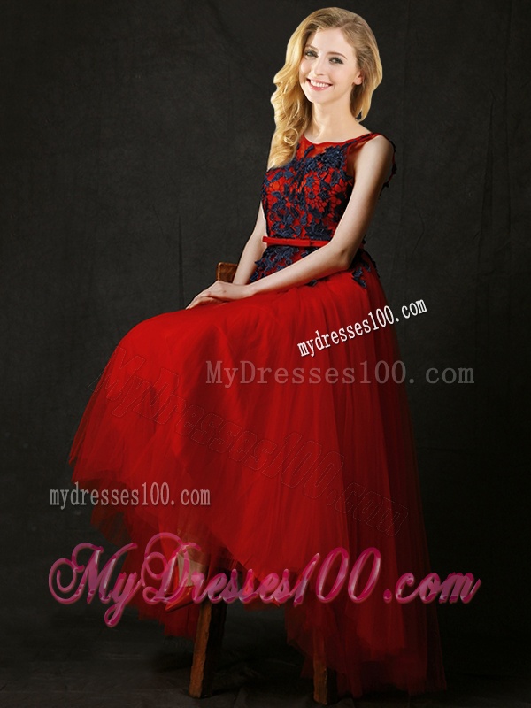 Perfect High Low Belted and Black Applique Bridesmaid Dress in Red