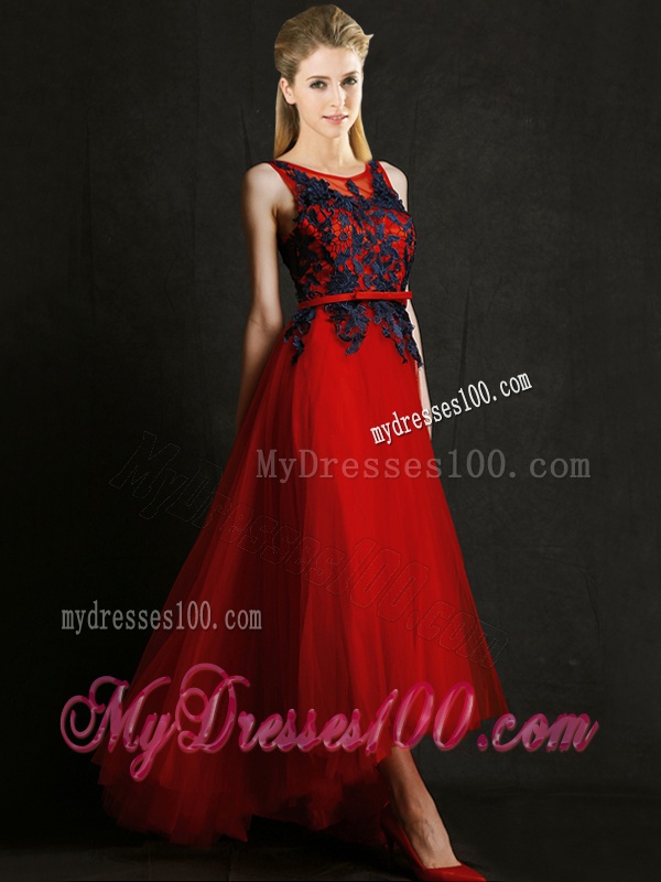 Perfect High Low Belted and Black Applique Bridesmaid Dress in Red