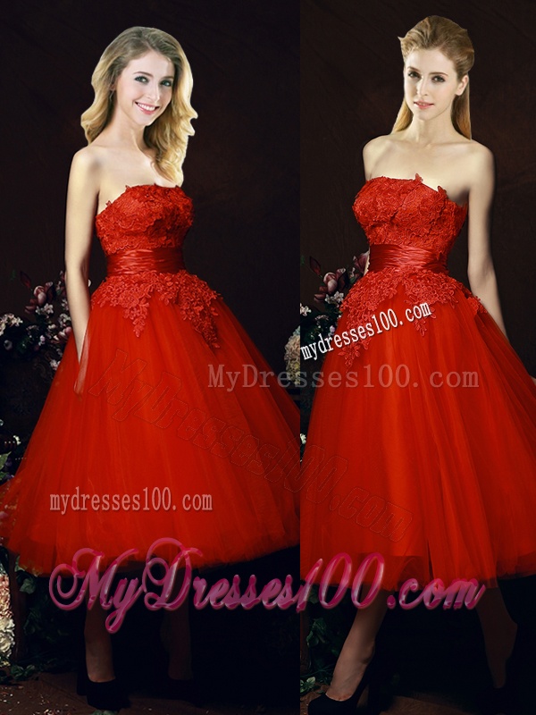 Perfect Puffy Skirt Strapless Applique Tea Length Red Bridesmaid Dress