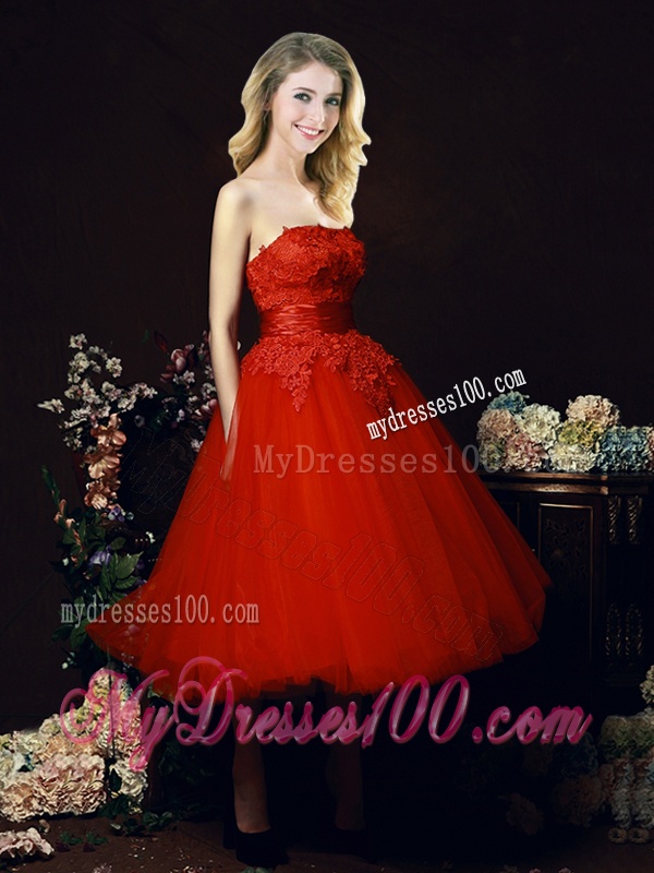 Perfect Puffy Skirt Strapless Applique Tea Length Red Bridesmaid Dress