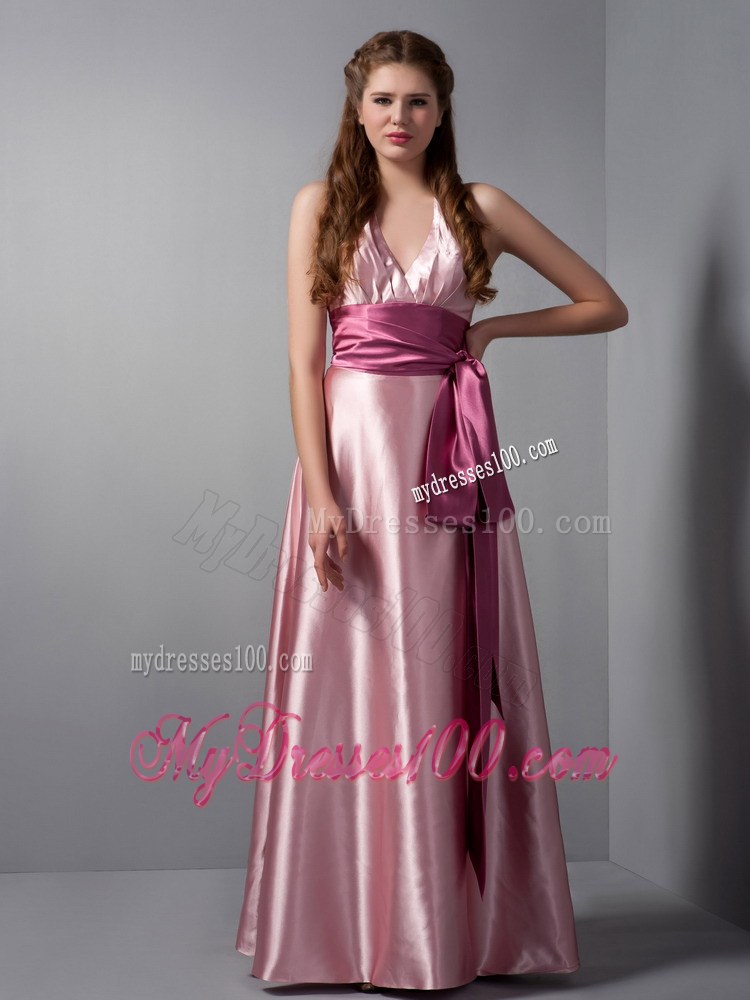 Customize Pink Column V-neck Sash Bridesmaid Dress Floor-length Elastic Woven Satin