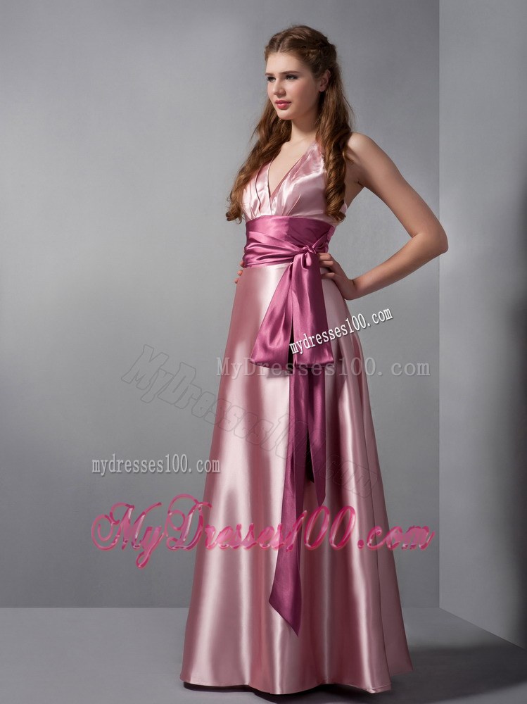 V-neck Halter Pink Column Sash Bridesmaid Dress Floor-length