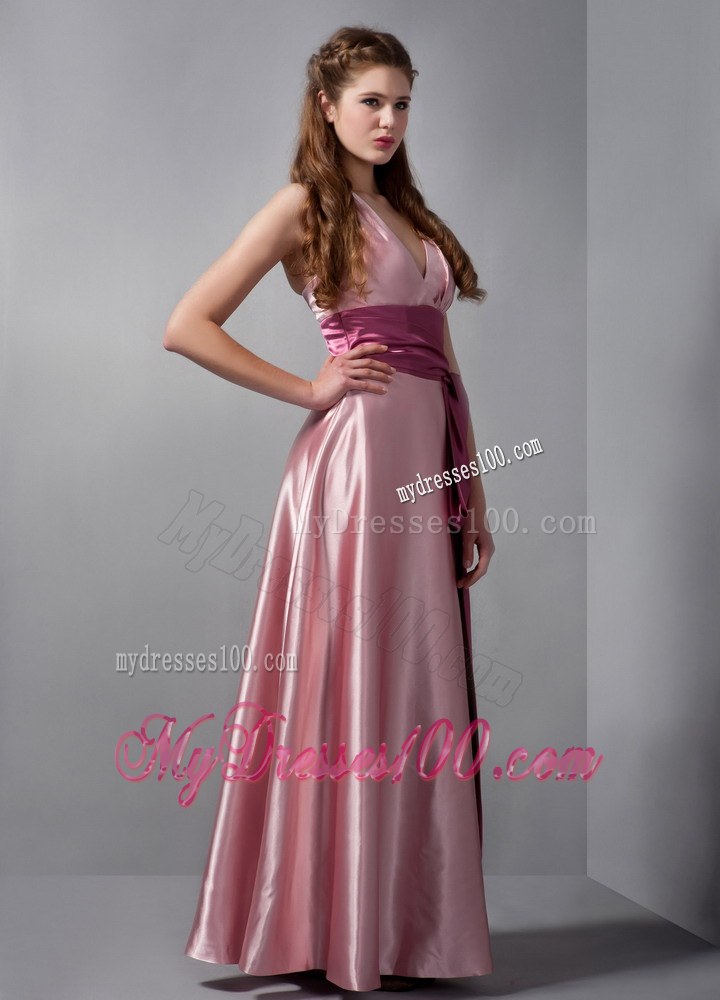Customize Pink Column V-neck Sash Bridesmaid Dress Floor-length Elastic Woven Satin