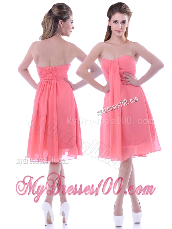 Popular Empire Chiffon Ruched Watermelon Bridesmaid Dress in Knee Length