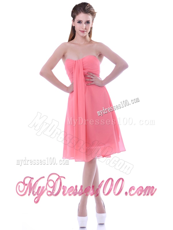 Popular Empire Chiffon Ruched Watermelon Bridesmaid Dress in Knee Length