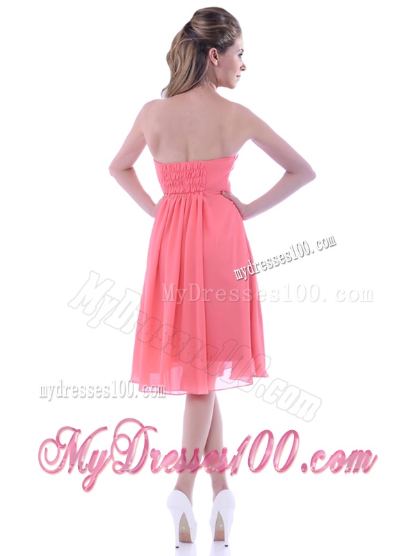 Popular Empire Chiffon Ruched Watermelon Bridesmaid Dress in Knee Length