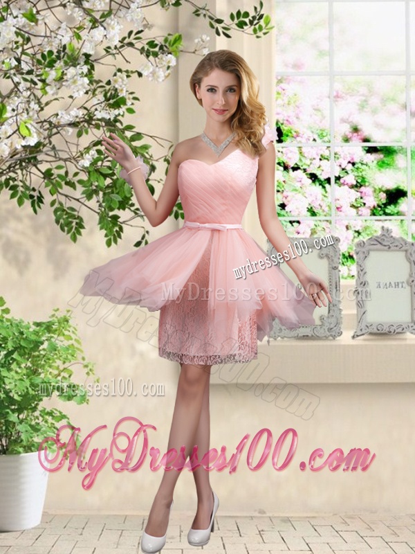 Popular One Shoulder and Belt Bridesmaid Dresses in Pink