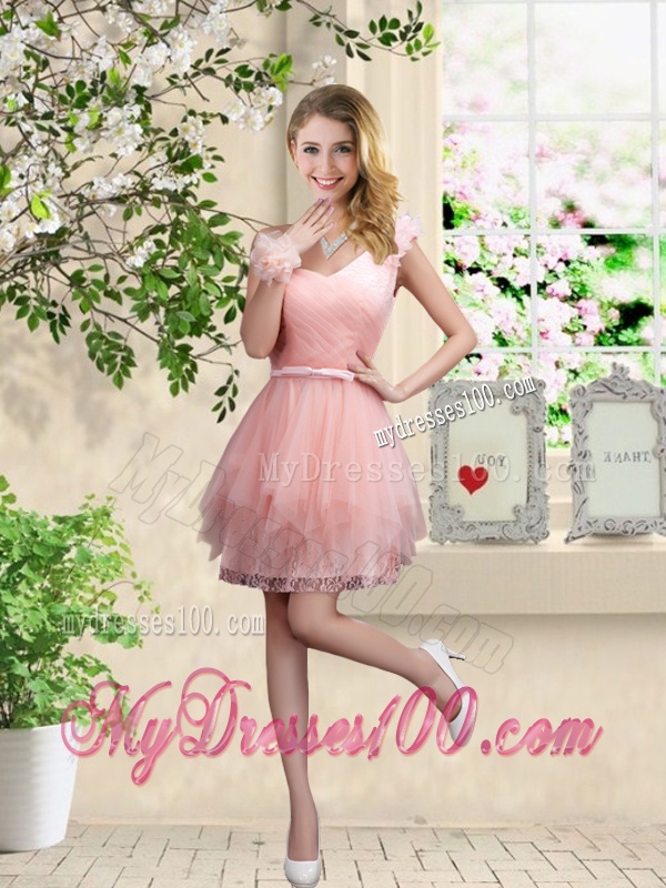Popular One Shoulder and Belt Bridesmaid Dresses in Pink
