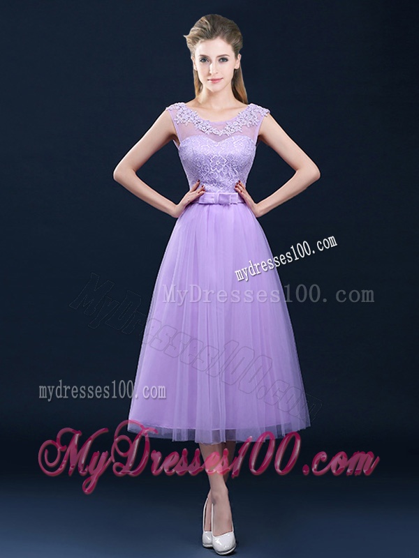 Popular See Through Applique and Belt Bridesmaid Dress in Tulle