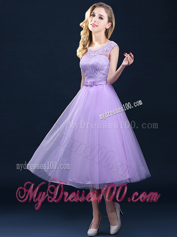 Popular See Through Applique and Belt Bridesmaid Dress in Tulle