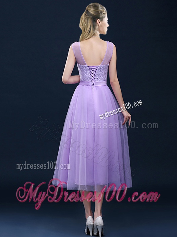 Popular See Through Applique and Belt Bridesmaid Dress in Tulle