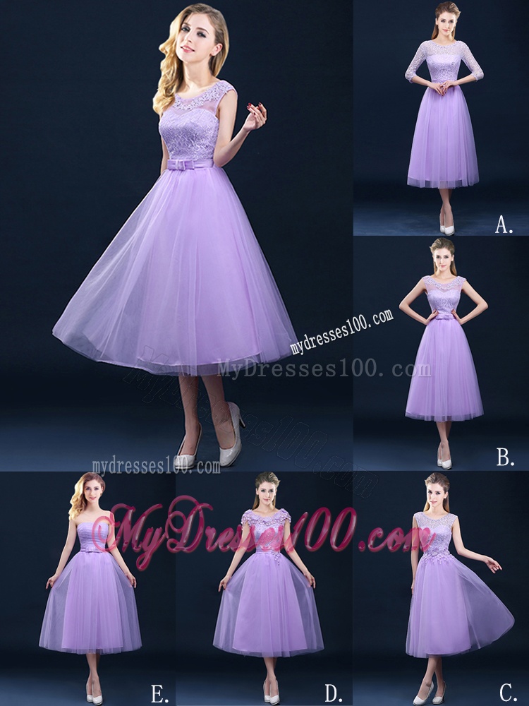 Popular See Through Applique and Belt Bridesmaid Dress in Tulle