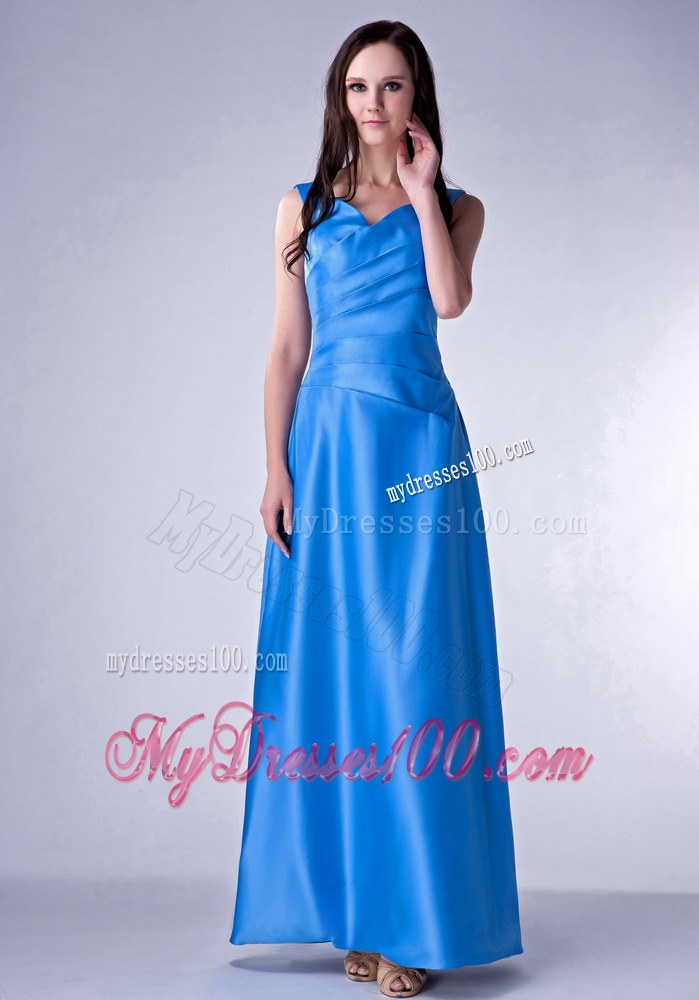 Sky Blue Column V-neck Bridesmaid Dress Ruche Ankle-length