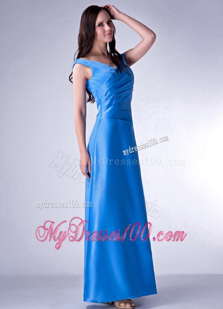 Sky Blue Column V-neck Bridesmaid Dress Ruche Ankle-length