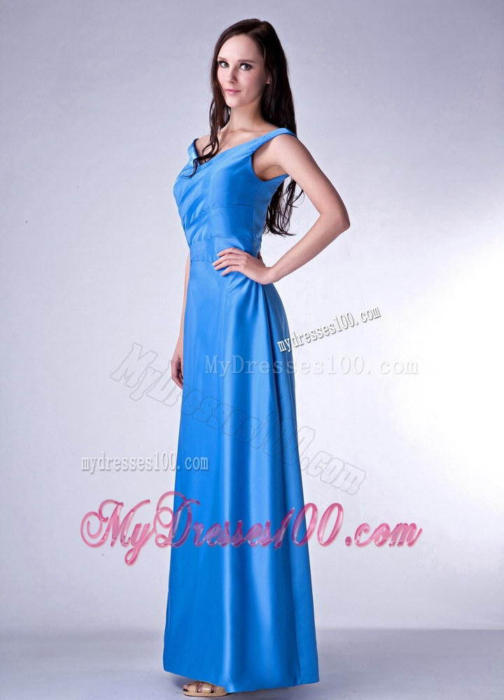 Sky Blue Column V-neck Bridesmaid Dress Ruche Ankle-length