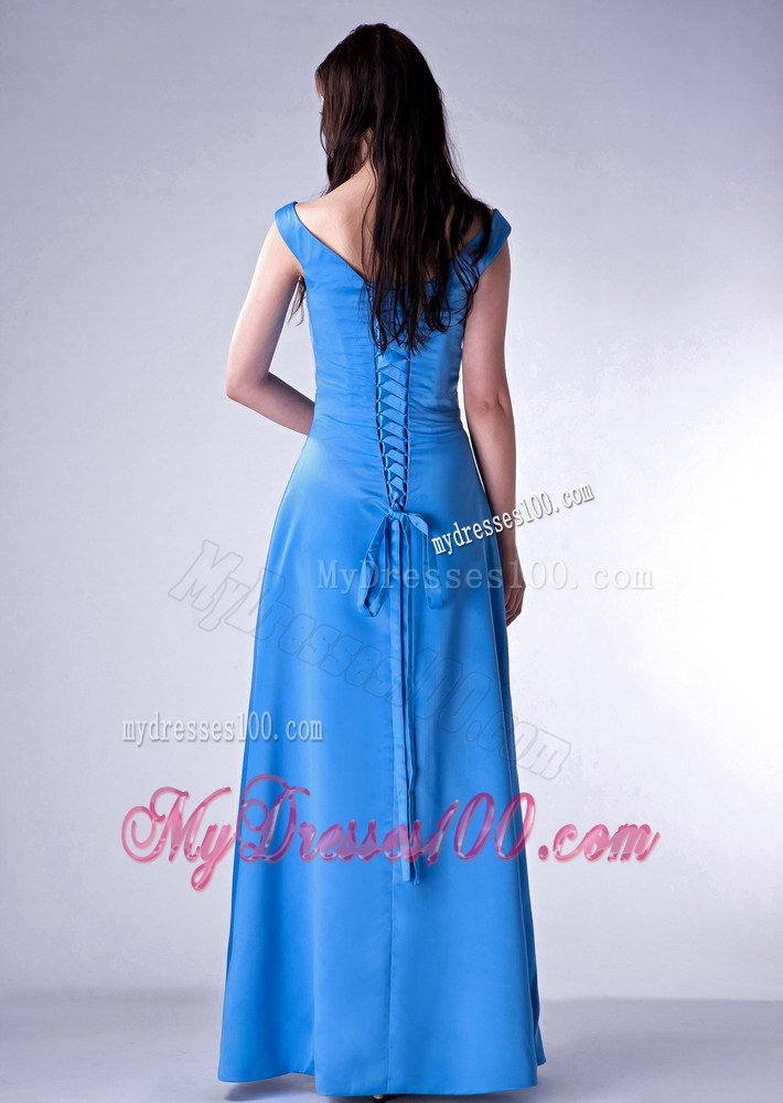 Sky Blue Column V-neck Bridesmaid Dress Ruche Ankle-length