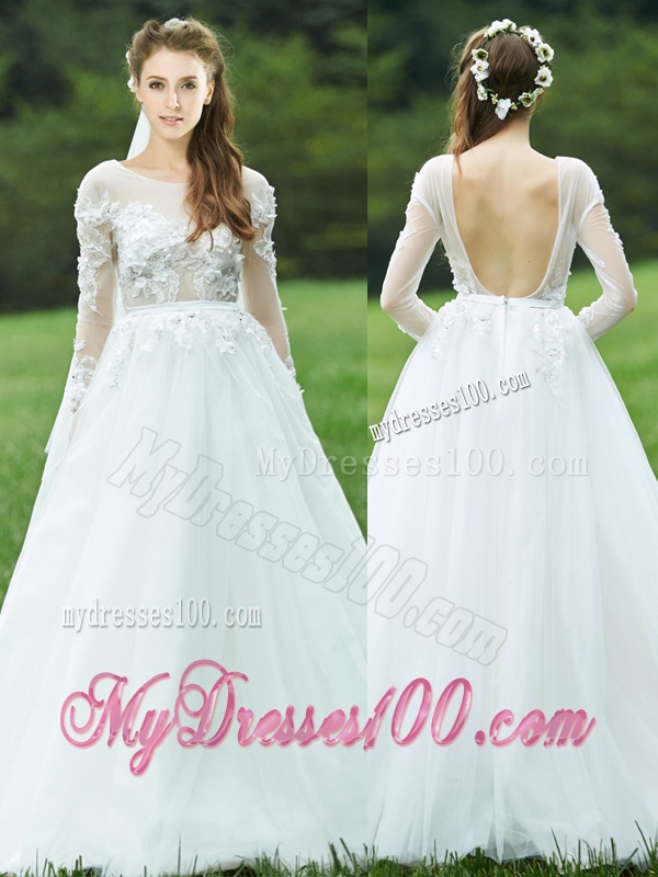 Pretty Applique White Backless Bridesmaid Dress with Long Sleeves