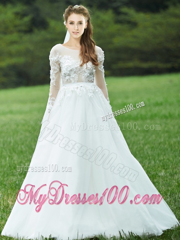 Pretty Applique White Backless Bridesmaid Dress with Long Sleeves