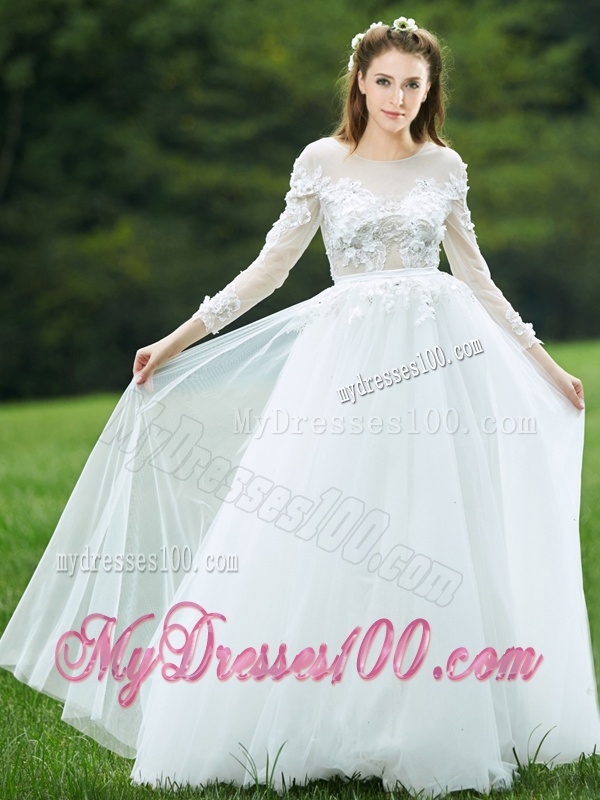 Pretty Applique White Backless Bridesmaid Dress with Long Sleeves