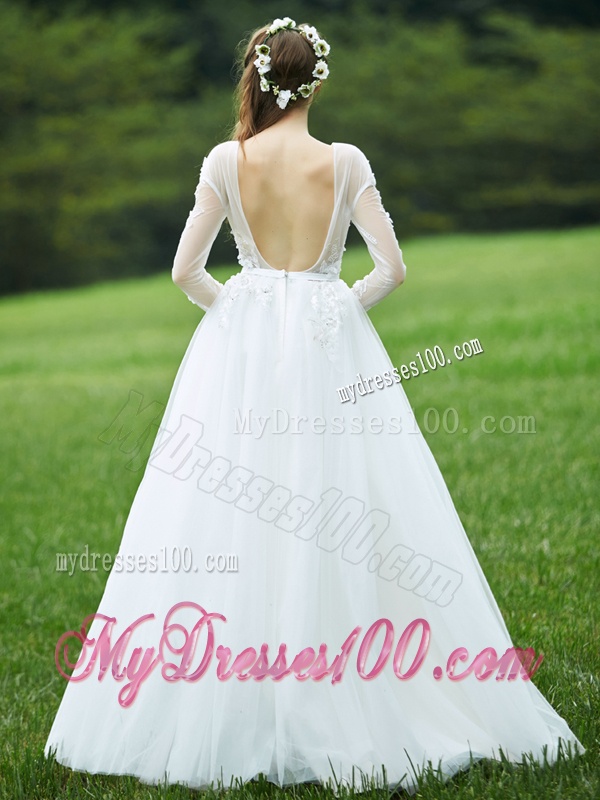 Pretty Applique White Backless Bridesmaid Dress with Long Sleeves