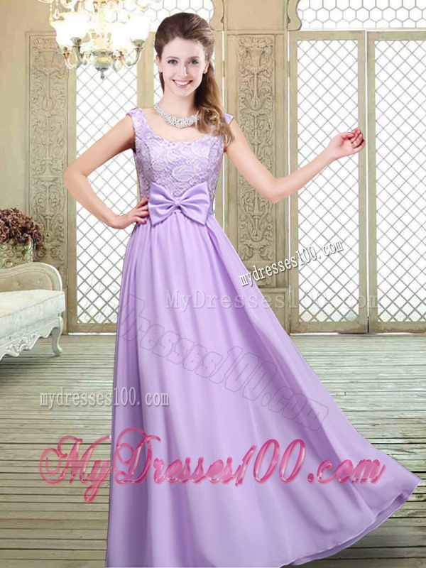 Pretty Scoop Bowknot Lavender Bridesmaid Dresses for Fall