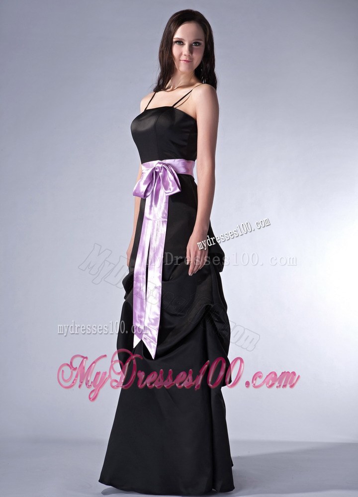 Customize Black Cloumn Spaghetti Straps Prom Dress Satin Sash Floor-length