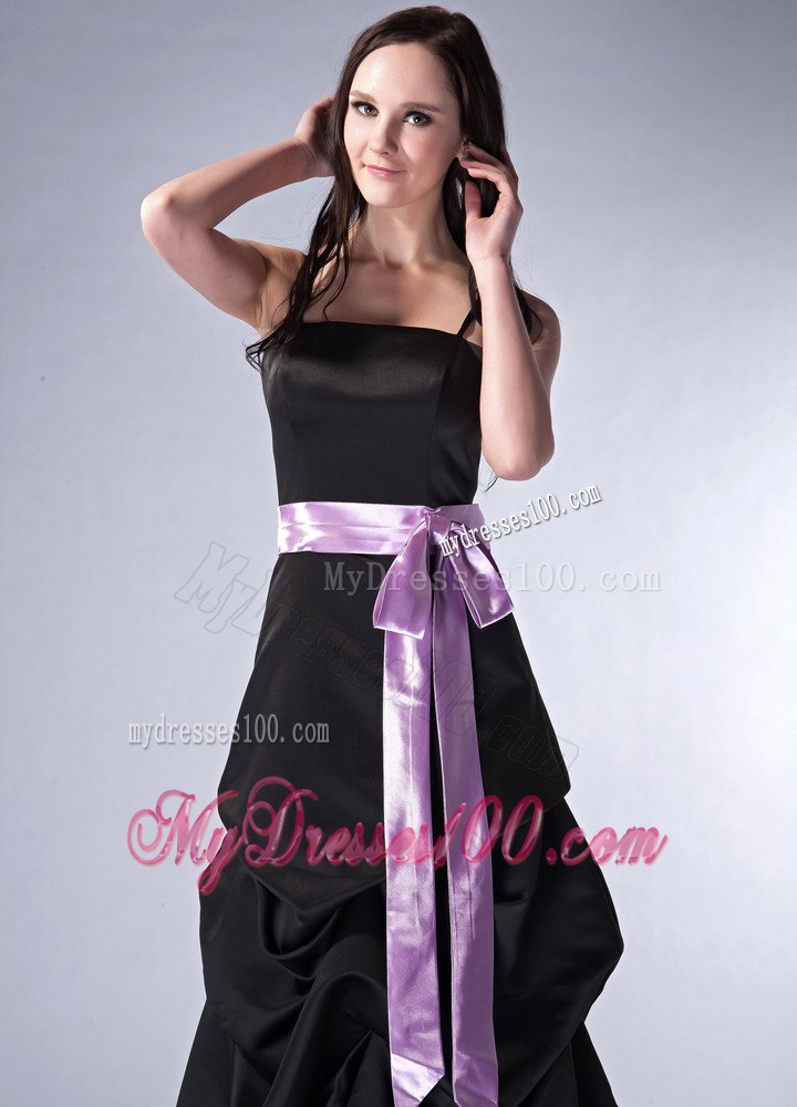 Customize Black Cloumn Spaghetti Straps Prom Dress Satin Sash Floor-length