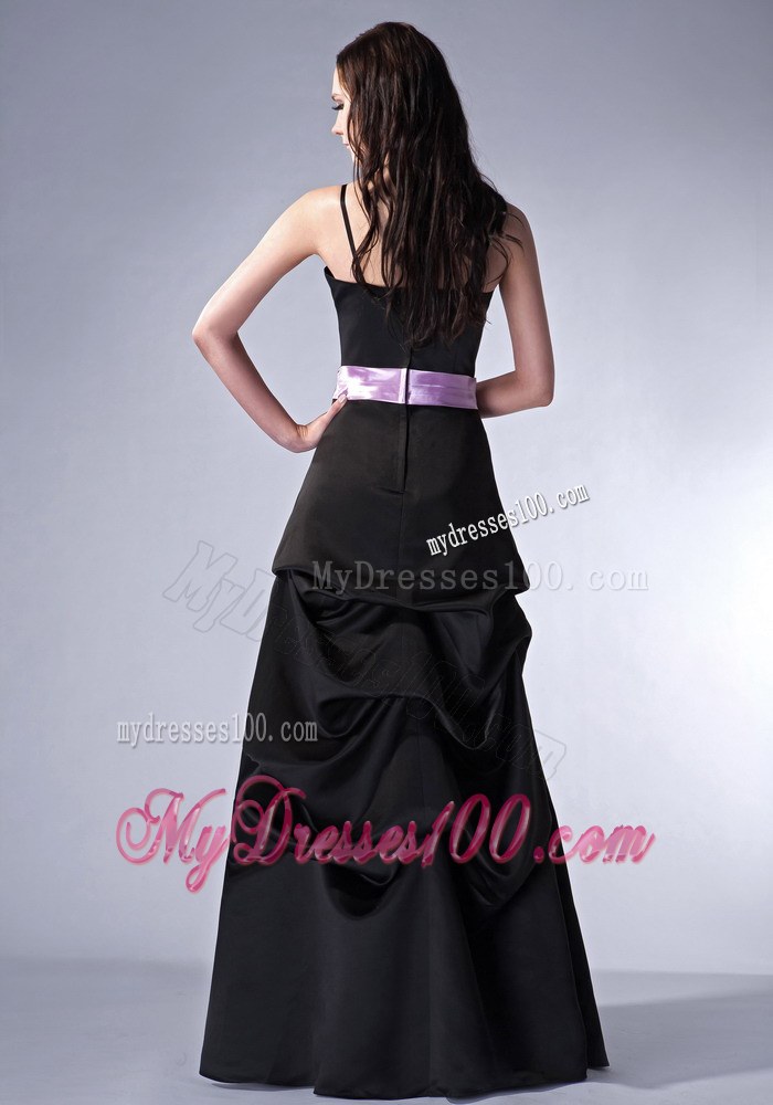 Customize Black Cloumn Spaghetti Straps Prom Dress Satin Sash Floor-length