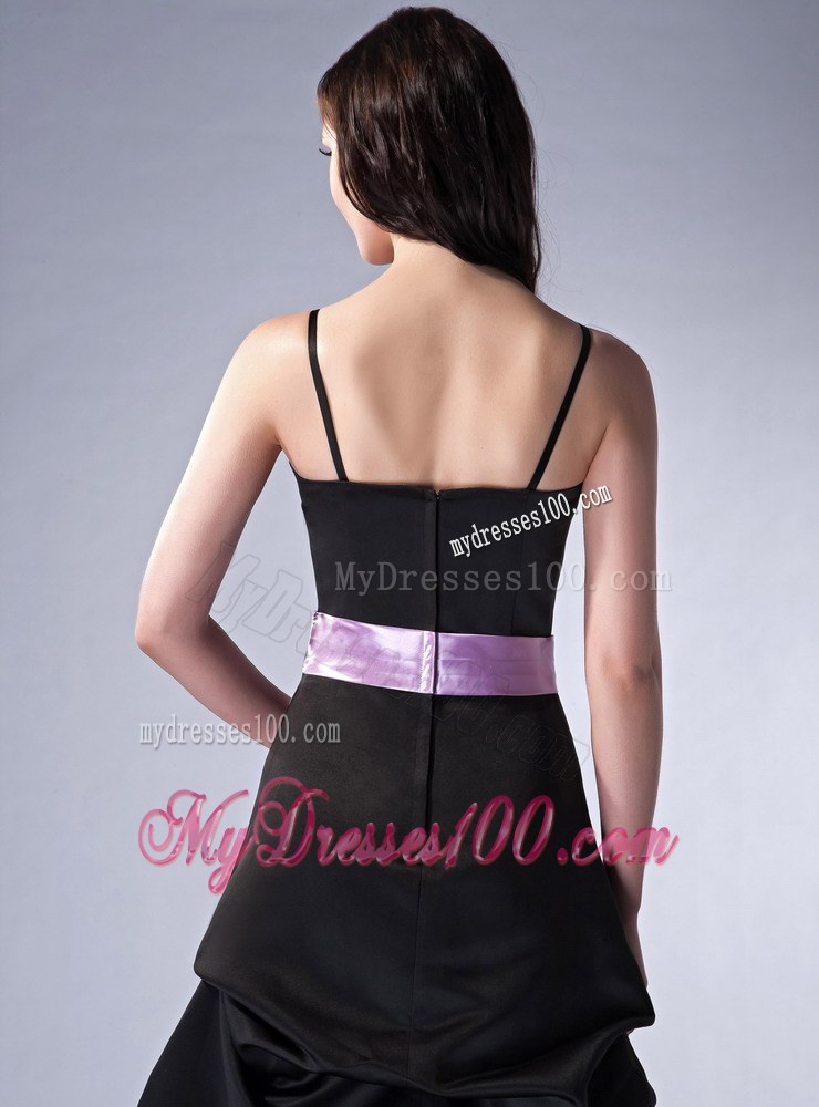 Customize Black Cloumn Spaghetti Straps Prom Dress Satin Sash Floor-length