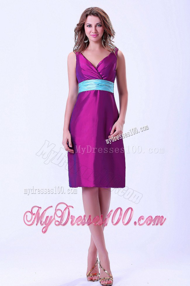 Purple V-neck Knee-length Bridesmaid Dress With Blue Belt