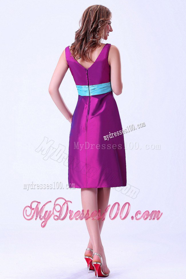Purple V-neck Knee-length Bridesmaid Dress With Blue Belt