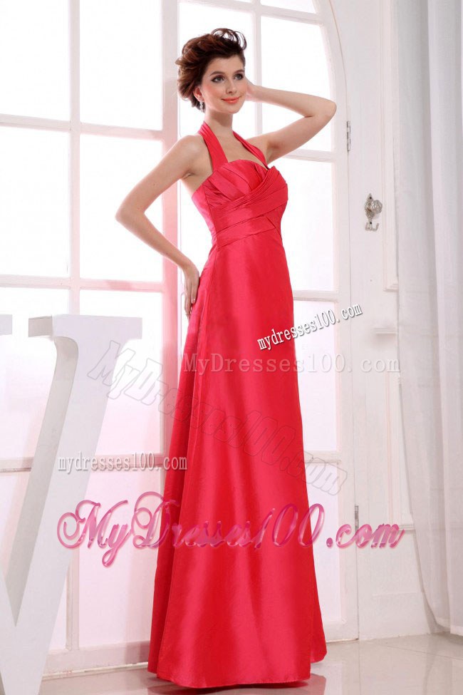 Red A-Line Floor-length Taffeta Halter 2013 Bridemaid Dress