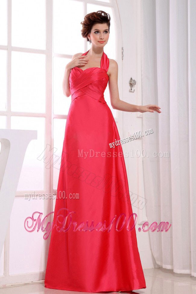 Red A-Line Floor-length Taffeta Halter 2013 Bridemaid Dress