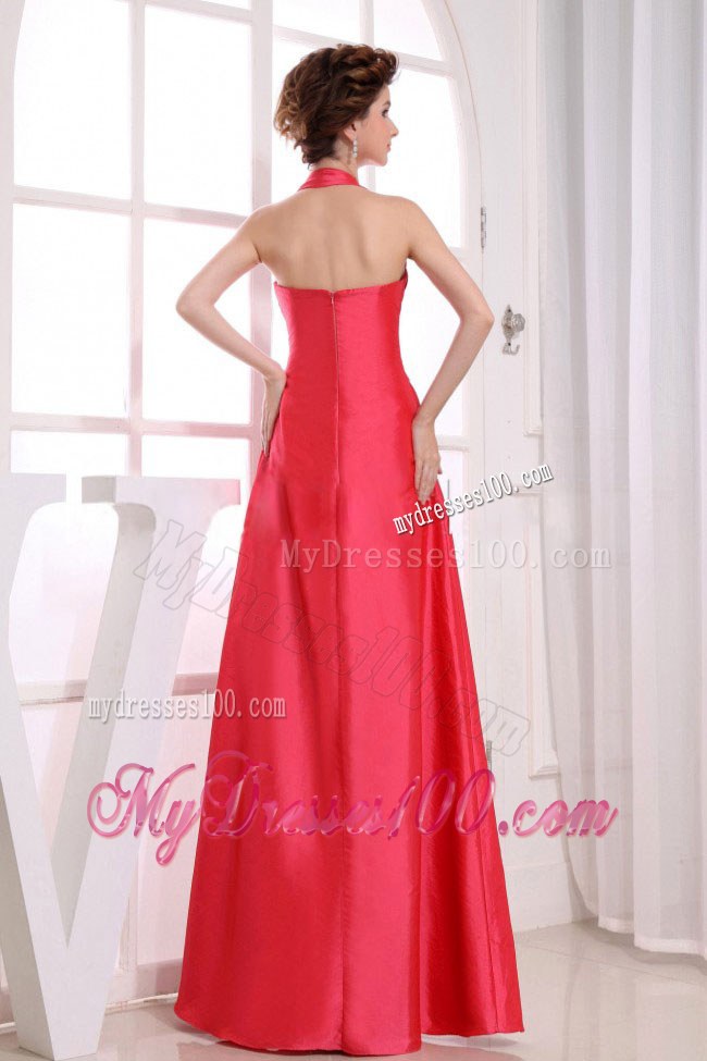 Red A-Line Floor-length Taffeta Halter 2013 Bridemaid Dress