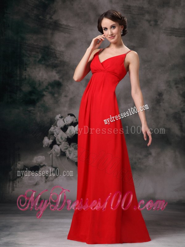 Red Empire Straps V-neck Bridesmaid Dress Chiffon Floor-length
