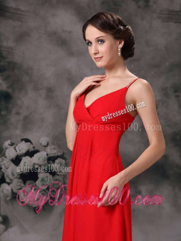 Red Empire Straps V-neck Bridesmaid Dress Chiffon Floor-length