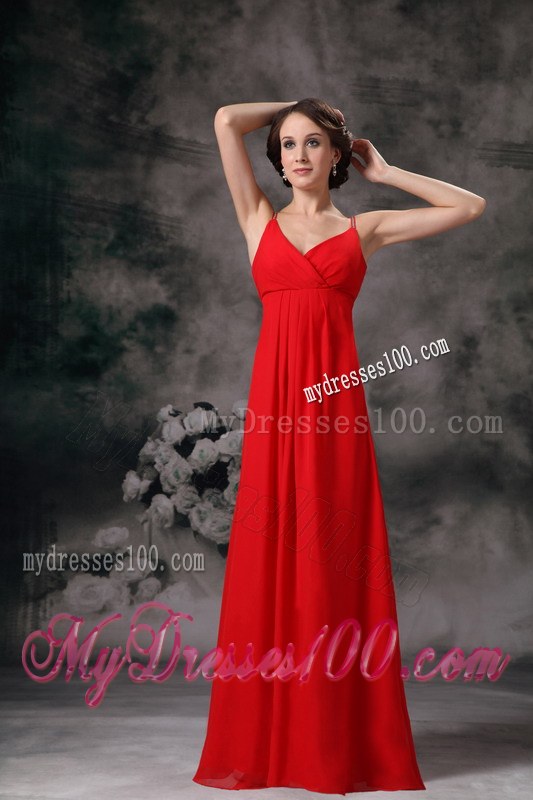Red Empire Straps V-neck Bridesmaid Dress Chiffon Floor-length