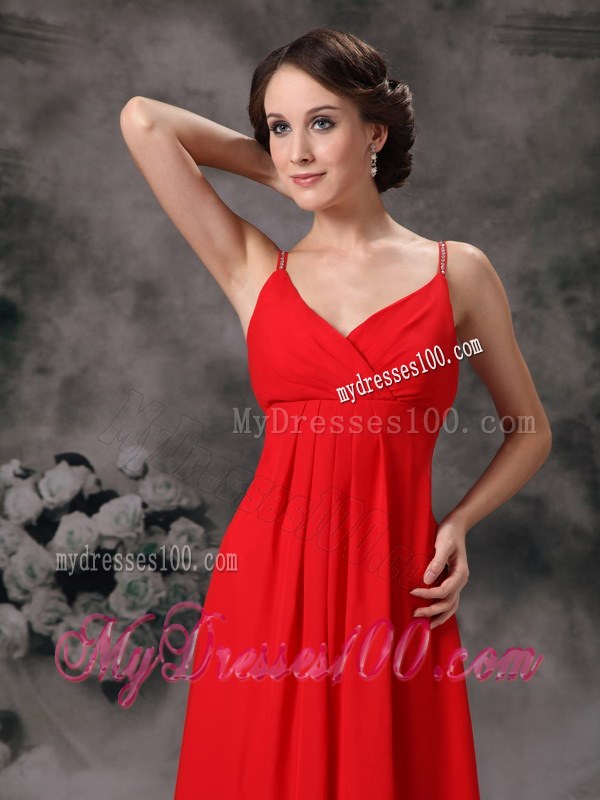 Red Empire Straps V-neck Bridesmaid Dress Chiffon Floor-length