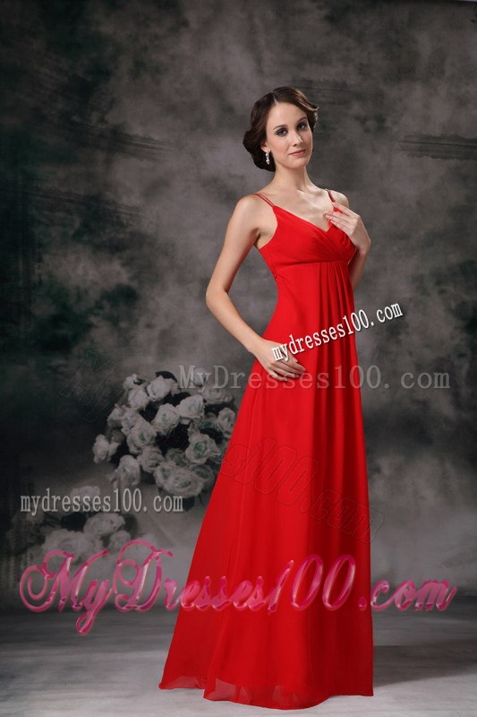 Red Empire Straps V-neck Bridesmaid Dress Chiffon Floor-length