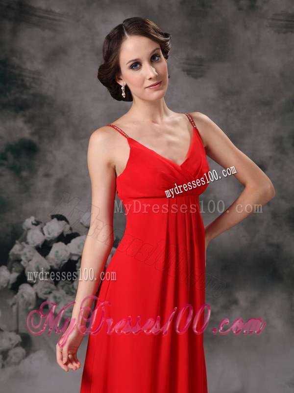 Red Empire Straps V-neck Bridesmaid Dress Chiffon Floor-length