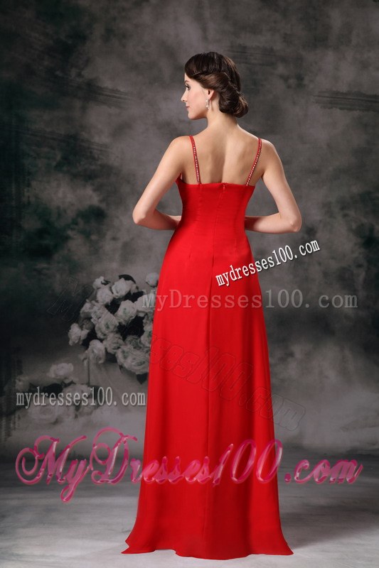 Red Empire Straps V-neck Bridesmaid Dress Chiffon Floor-length