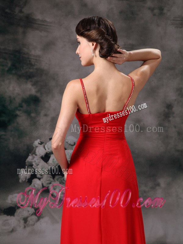 Red Empire Straps V-neck Bridesmaid Dress Chiffon Floor-length
