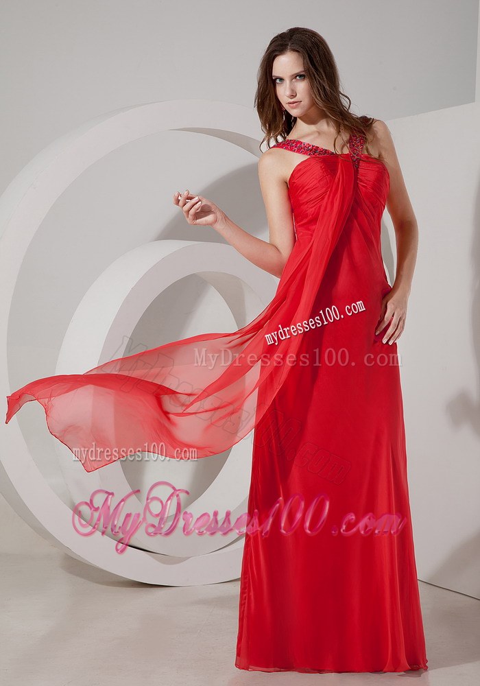 Red Empire V-neck Chiffon Prom Dress with Beading