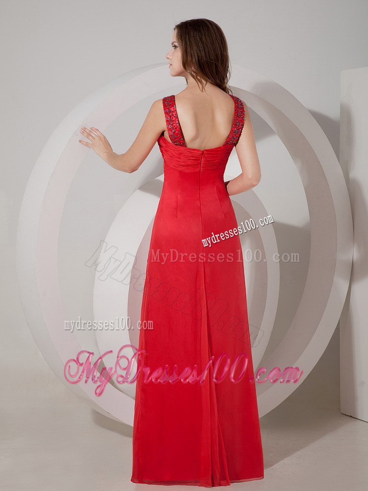 Red Empire V-neck Chiffon Prom Dress with Beading