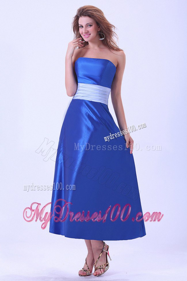 Strapless Royal Blue Taffeta Bridemaid Dress With Sash Tea-length