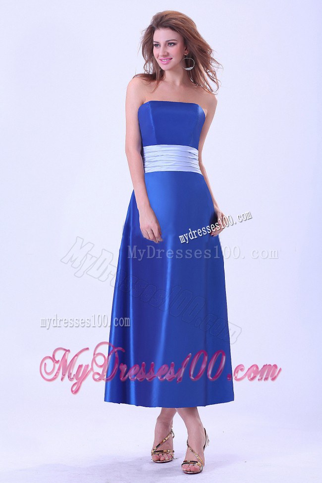 Strapless Royal Blue Taffeta Bridemaid Dress With Sash Tea-length
