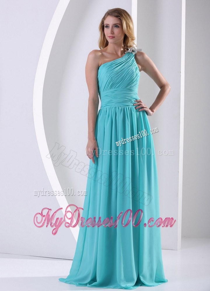 One Shoulder Ruched Bodice Aque Blue Bridesmaid Dress For Wedding Party