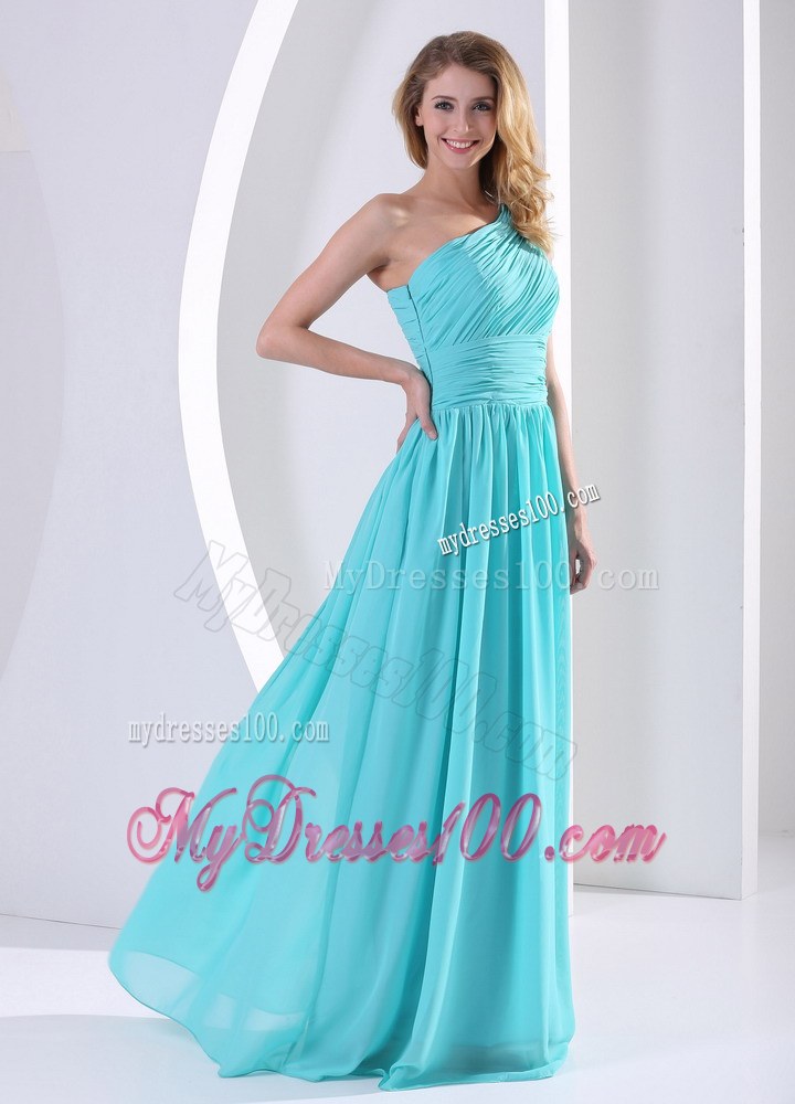 One Shoulder Ruched Bodice Aque Blue Bridesmaid Dress For Wedding Party