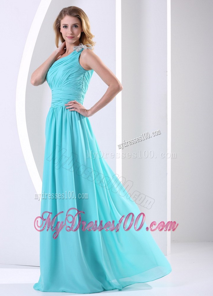One Shoulder Ruched Bodice Aque Blue Bridesmaid Dress For Wedding Party