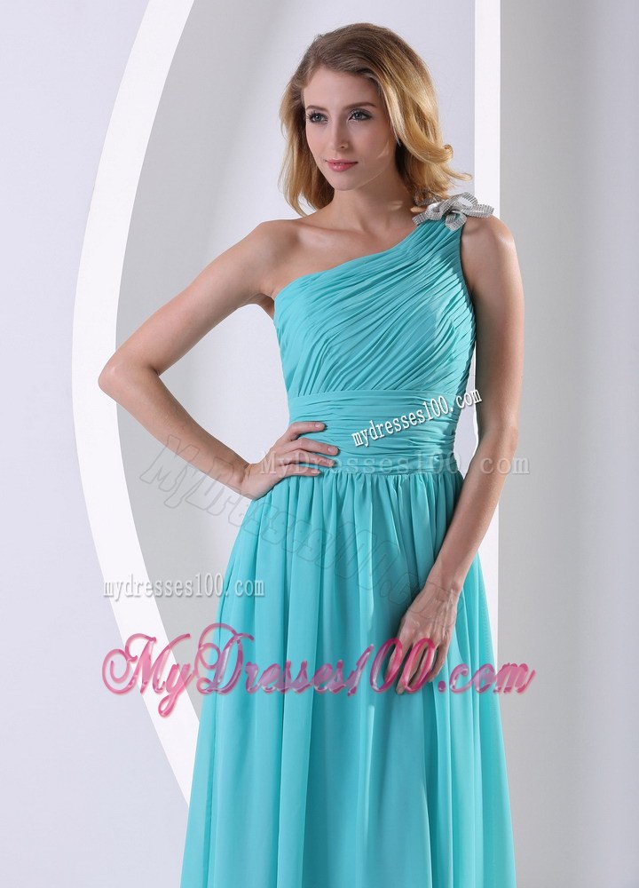 One Shoulder Ruched Bodice Aque Blue Bridesmaid Dress For Wedding Party